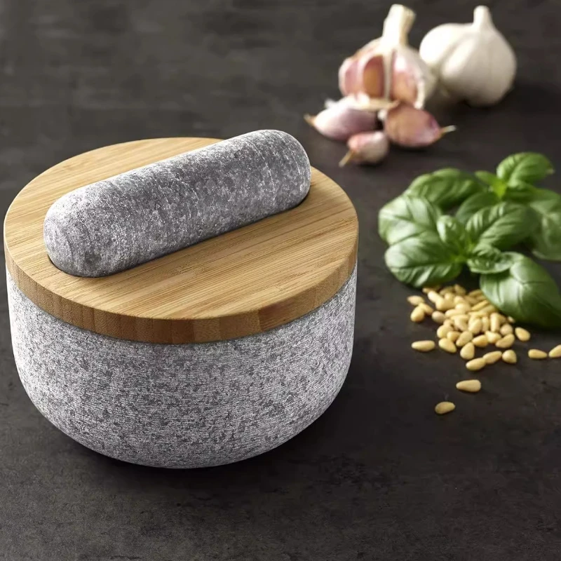 Mortar Pestle Granite - Bambusabdeckung für Granitstößel, Steinmörser, Schlammstampfer, Gewürzmühle