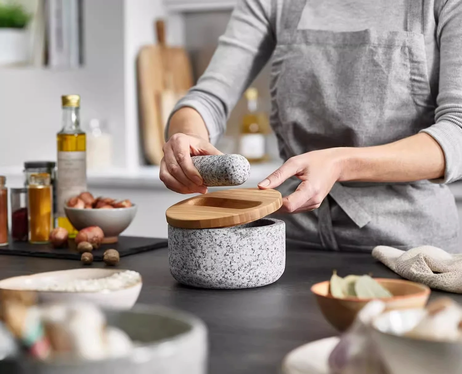 Bambusabdeckung für Granitstöß – Mortar Pestle Granite Bewertung und Preis